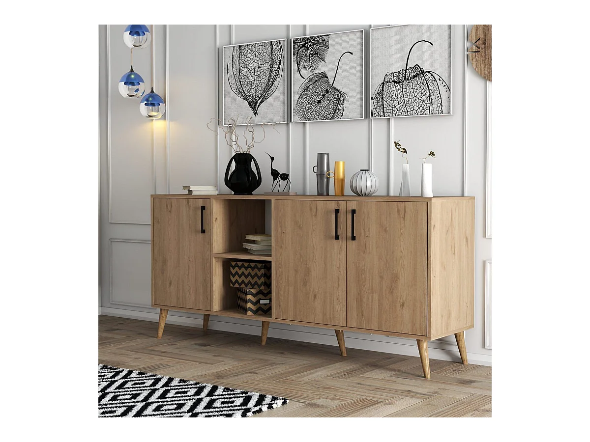 Buffet 3 portes et 2 niches ouvertes décor bois chêne L180 cm - EXXEN