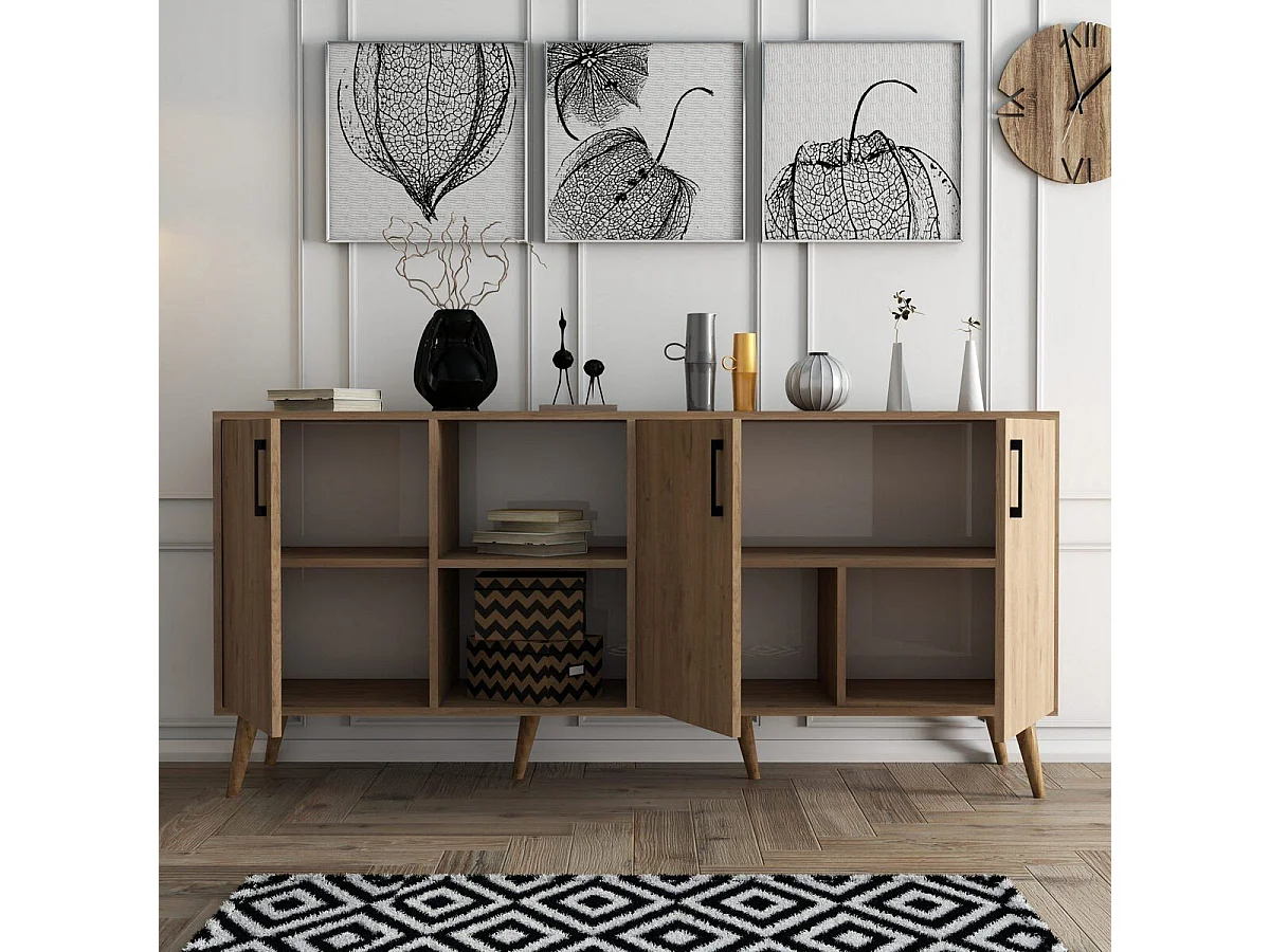 Buffet 3 portes et 2 niches ouvertes décor bois chêne L180 cm - EXXEN