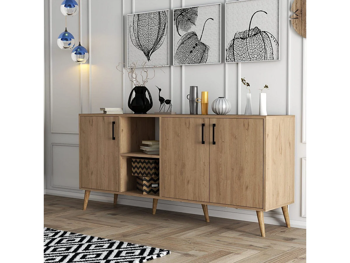 Buffet 3 portes et 2 niches ouvertes décor bois chêne L180 cm - EXXEN