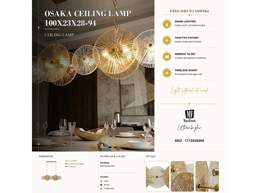 Suspension Design en Verre "Osaka" 100cm Or & Transparent