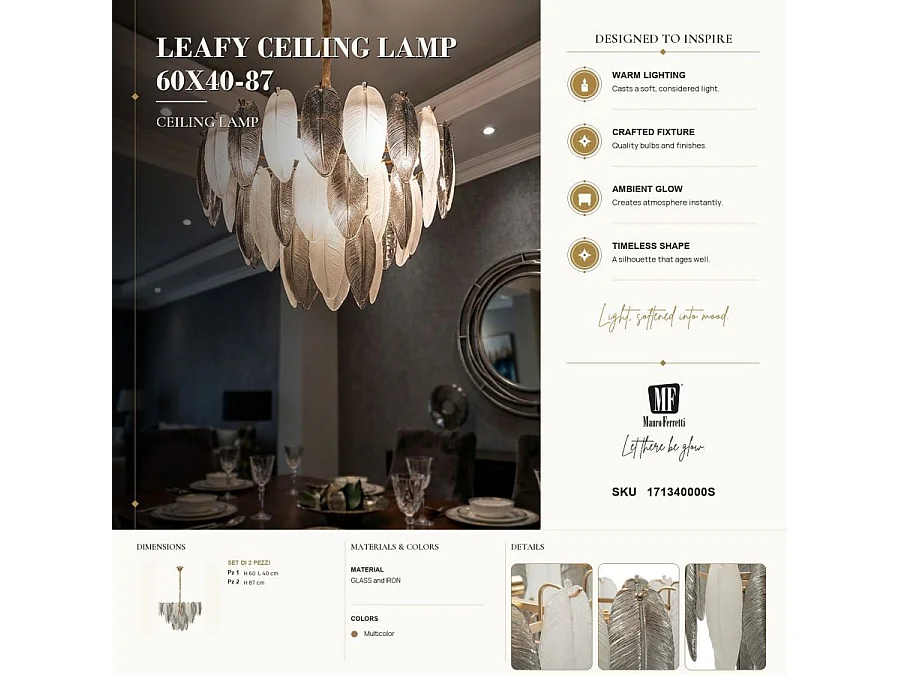 Lampadario LEAFY GLAM 60x60x40/87 cm - Struttura a 9 Luci in Vetro e Ferro - Design Floreale Multicolore - Attacco E14 20W - Atmosfera Romantica