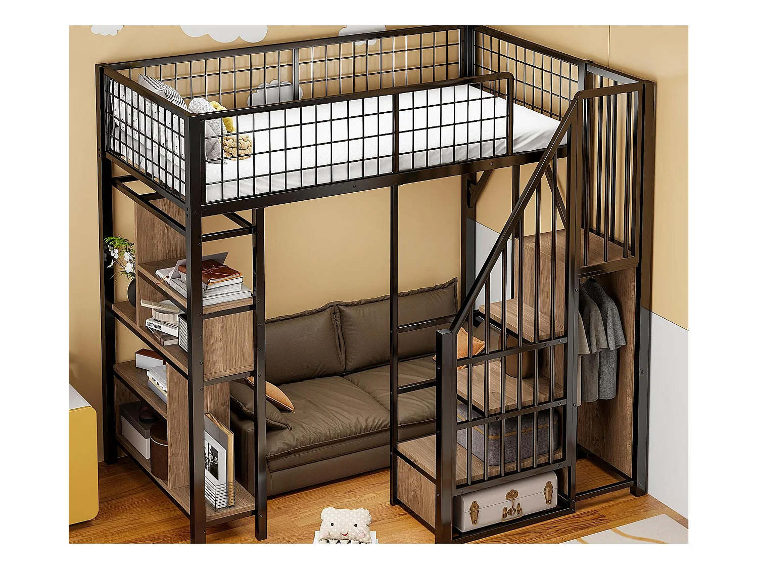 Lit mezzanine 90x200 cm - Lit en métal - avec rangements - avec escalier - avec barrières de sécurité - Noir (matelas non inclus)