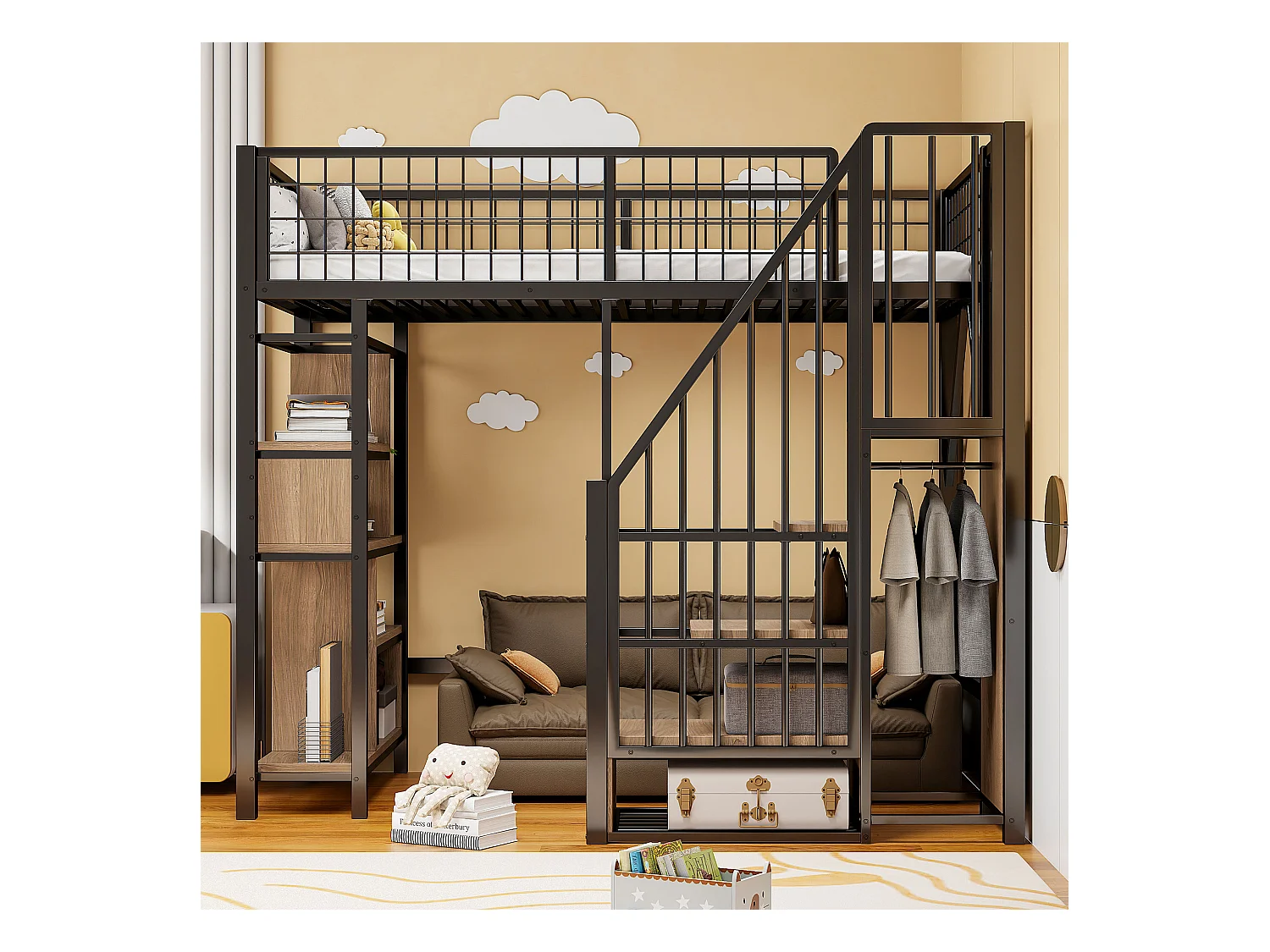 Lit mezzanine 90x200 cm - Lit en métal - avec rangements - avec escalier - avec barrières de sécurité - Noir (matelas non inclus)