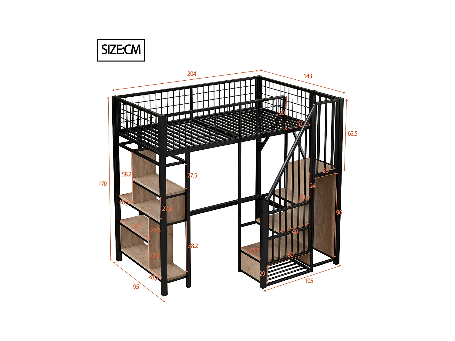Lit mezzanine 90x200 cm - Lit en métal - avec rangements - avec escalier - avec barrières de sécurité - Noir (matelas non inclus)