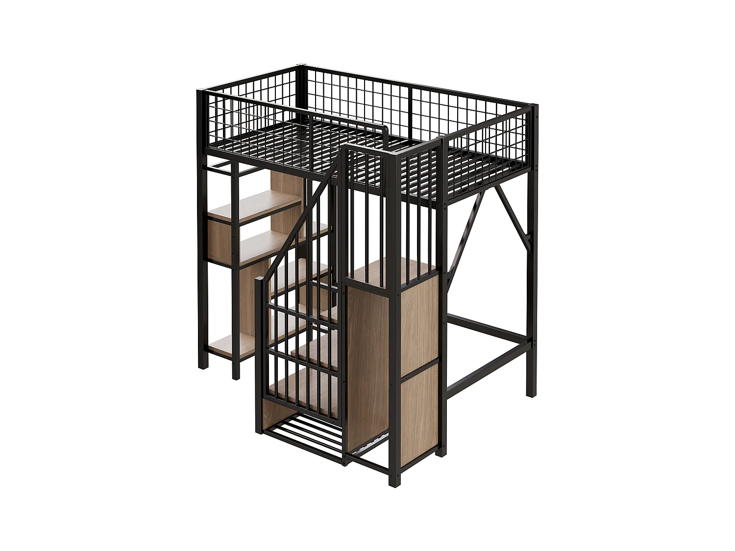 Lit mezzanine 90x200 cm - Lit en métal - avec rangements - avec escalier - avec barrières de sécurité - Noir (matelas non inclus)