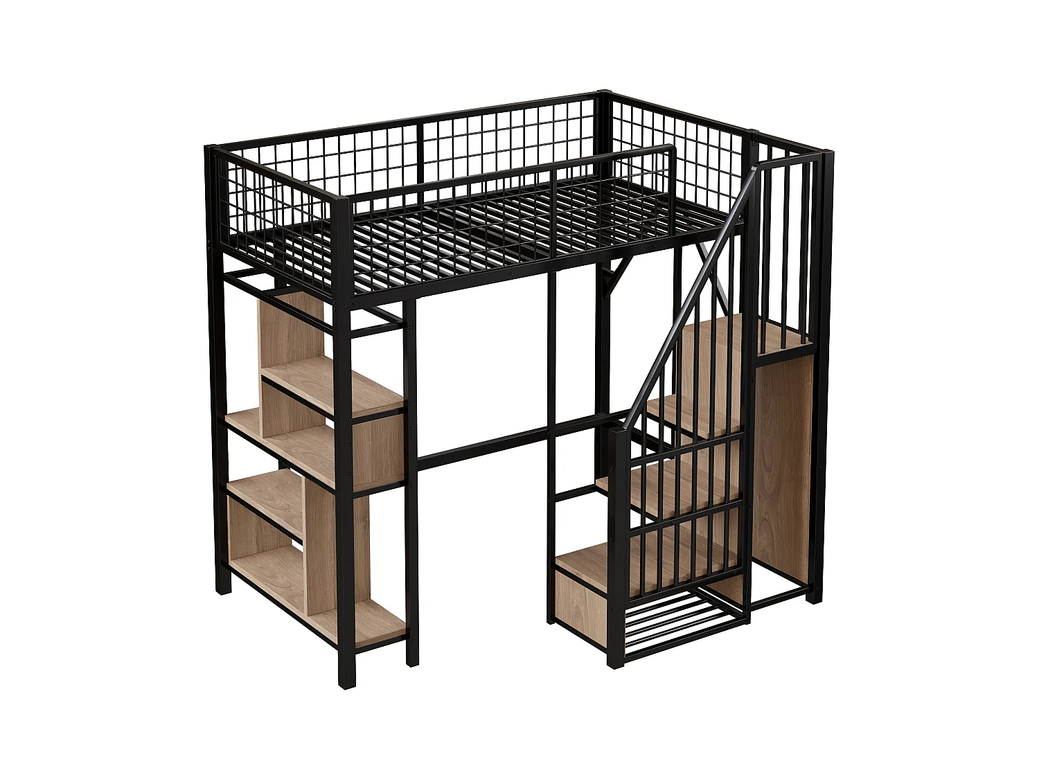 Lit mezzanine 90x200 cm - Lit en métal - avec rangements - avec escalier - avec barrières de sécurité - Noir (matelas non inclus)