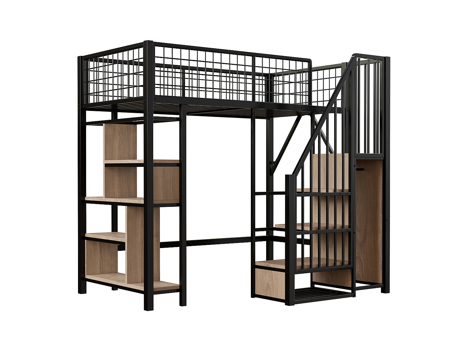 Lit mezzanine 90x200 cm - Lit en métal - avec rangements - avec escalier - avec barrières de sécurité - Noir (matelas non inclus)