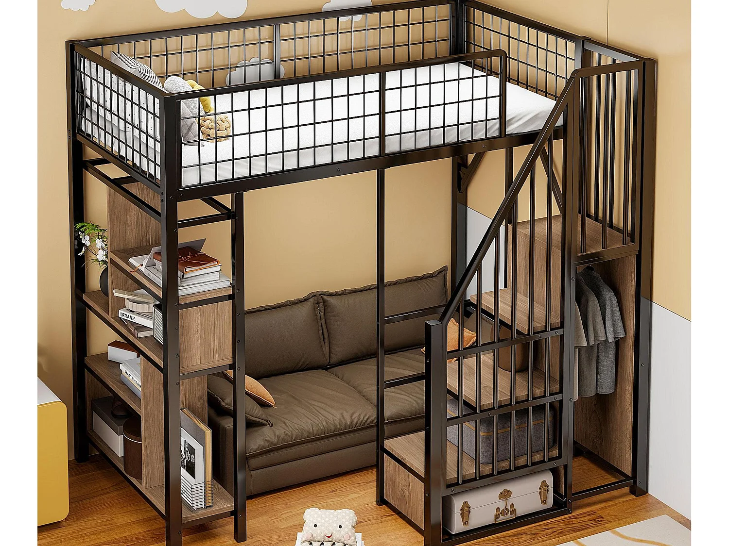 Letto mezzanina 90x200 cm - Letto in metallo - con ripostiglio - con scala - con barriere di sicurezza - Nero (materasso non incluso)