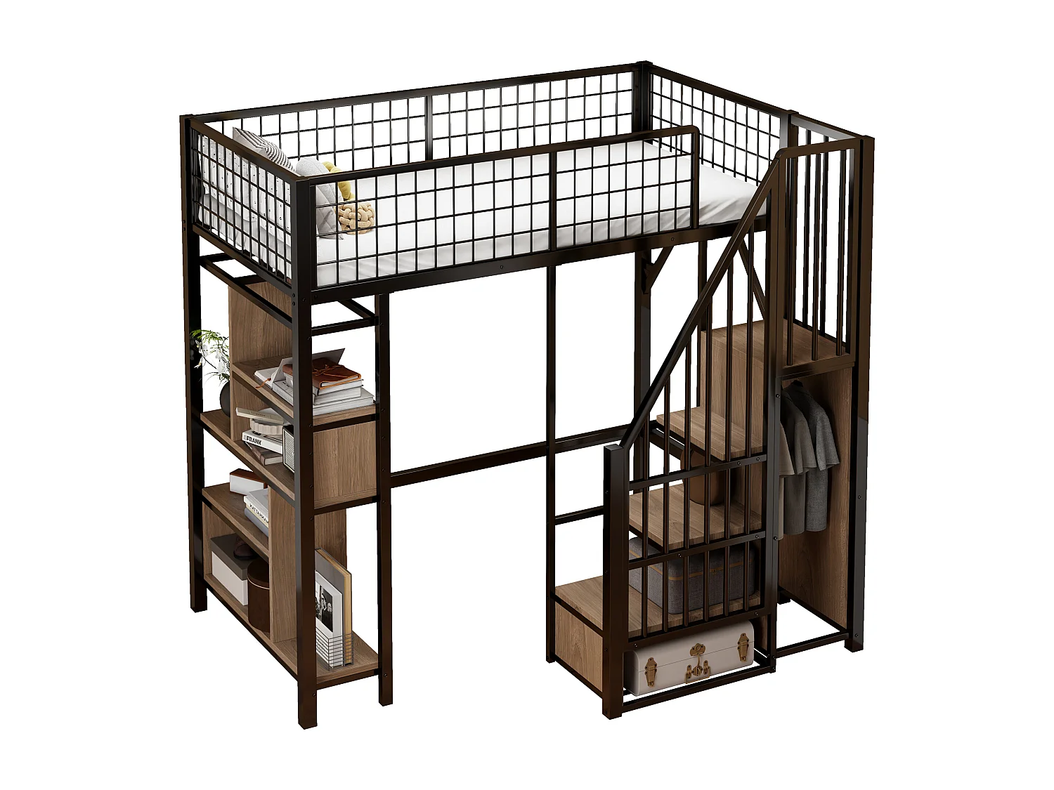 Letto mezzanina 90x200 cm - Letto in metallo - con ripostiglio - con scala - con barriere di sicurezza - Nero (materasso non incluso)