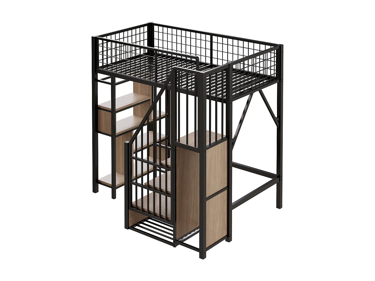 Letto mezzanina 90x200 cm - Letto in metallo - con ripostiglio - con scala - con barriere di sicurezza - Nero (materasso non incluso)