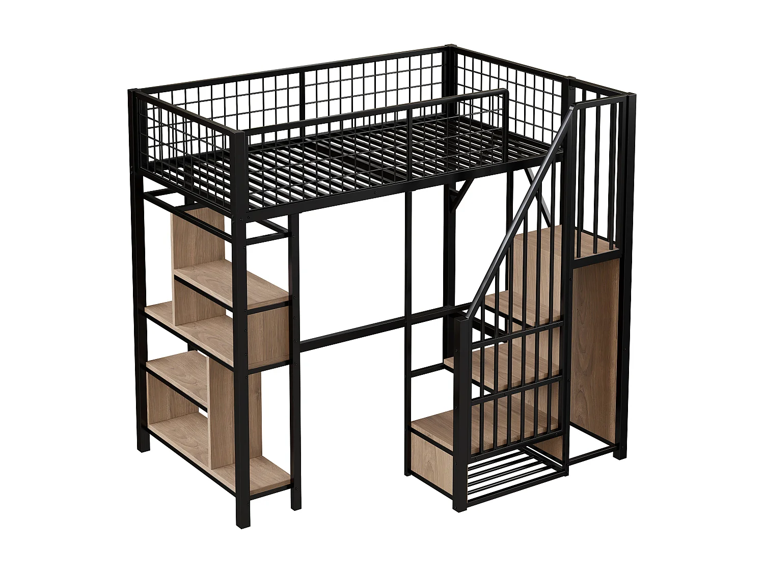 Letto mezzanina 90x200 cm - Letto in metallo - con ripostiglio - con scala - con barriere di sicurezza - Nero (materasso non incluso)