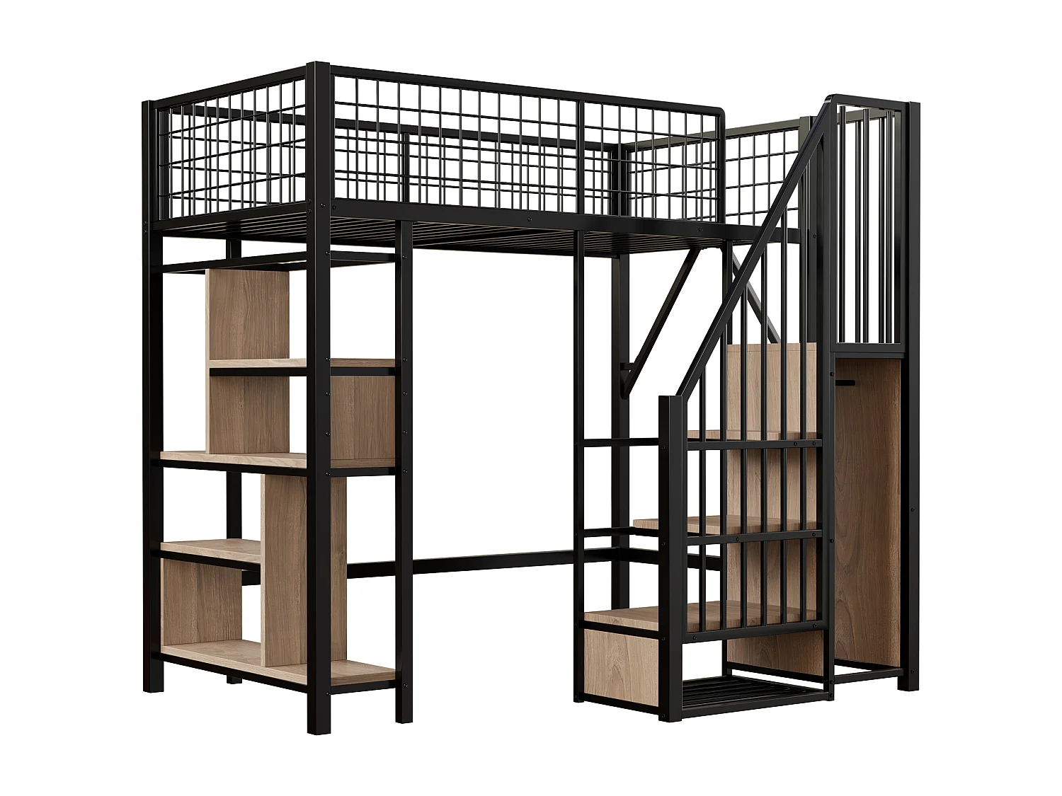 Letto mezzanina 90x200 cm - Letto in metallo - con ripostiglio - con scala - con barriere di sicurezza - Nero (materasso non incluso)