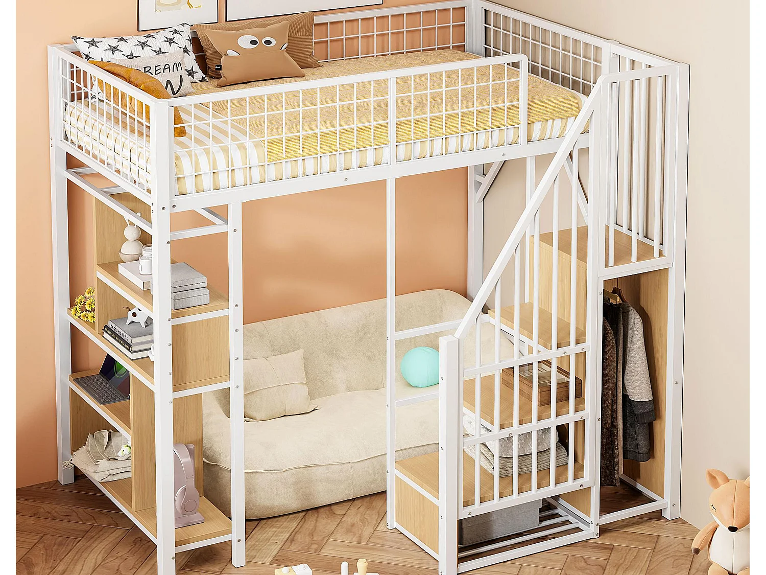 Lit mezzanine 90x200 cm - Lit en métal - avec rangements - avec escalier - avec barrières de sécurité - blanc (matelas non inclus)