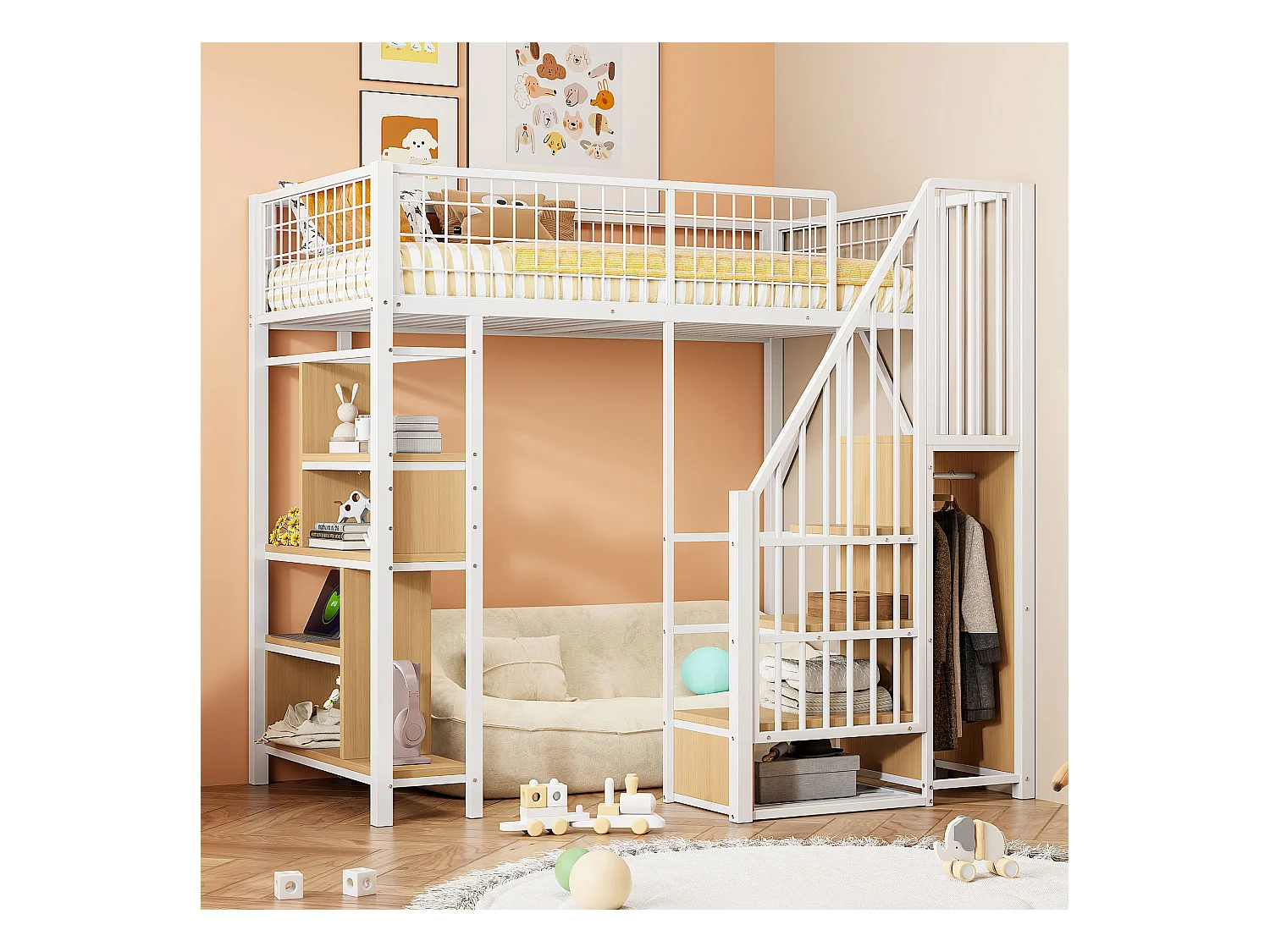 Lit mezzanine 90x200 cm - Lit en métal - avec rangements - avec escalier - avec barrières de sécurité - blanc (matelas non inclus)