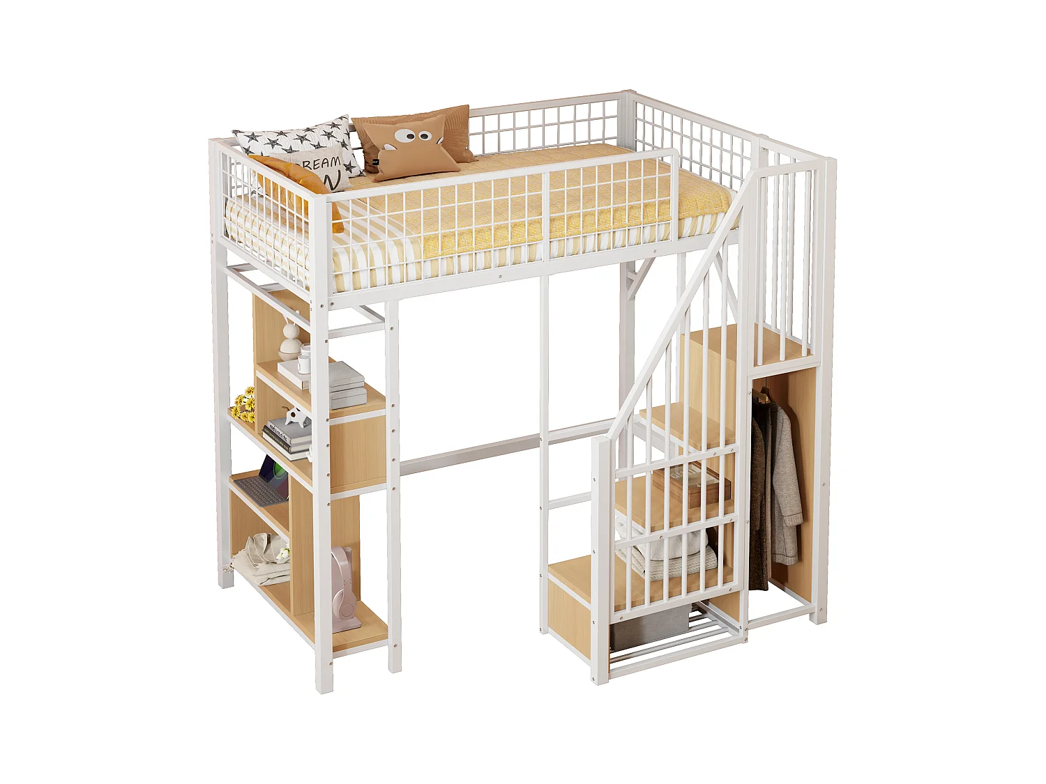Lit mezzanine 90x200 cm - Lit en métal - avec rangements - avec escalier - avec barrières de sécurité - blanc (matelas non inclus)