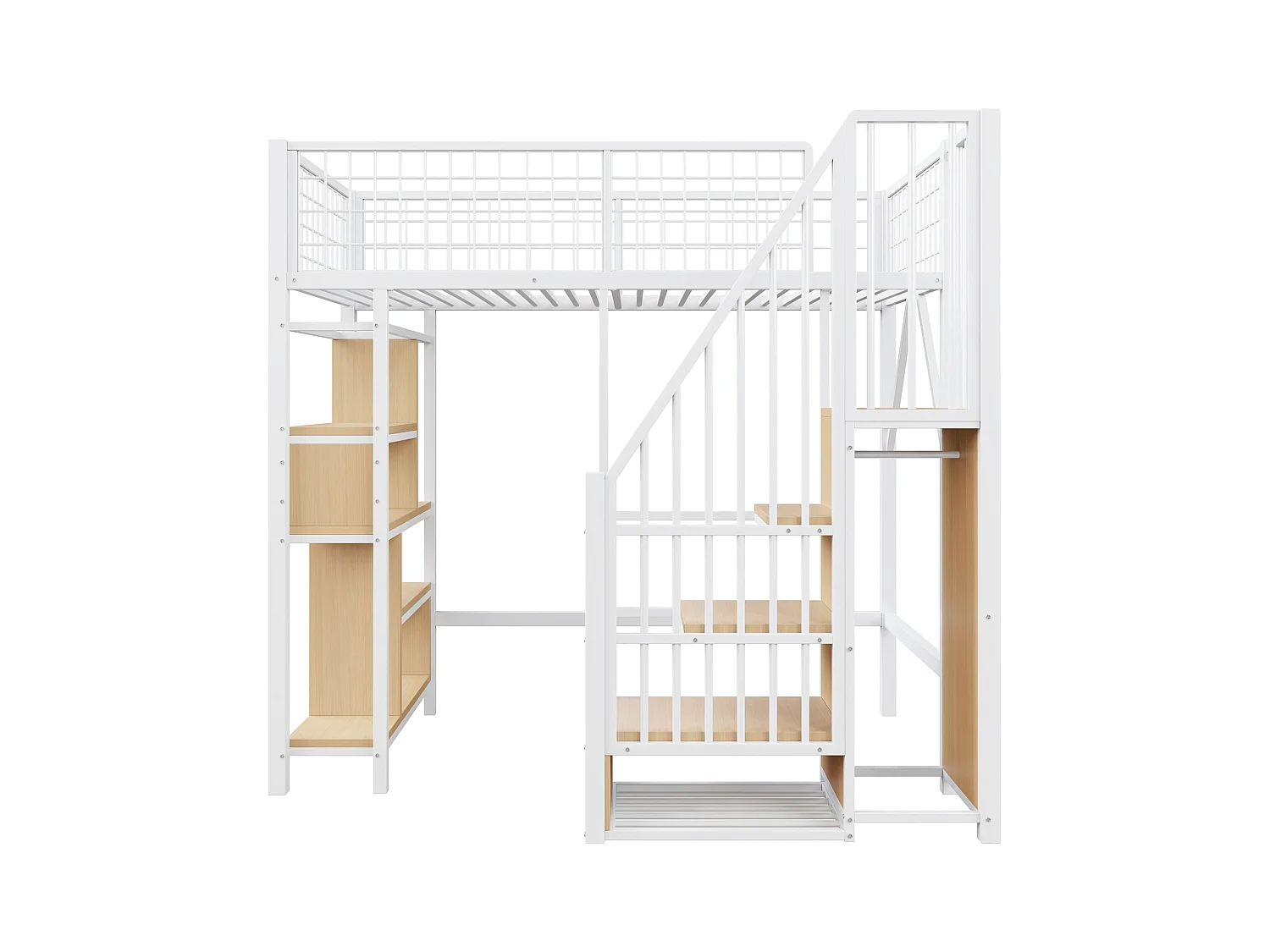 Lit mezzanine 90x200 cm - Lit en métal - avec rangements - avec escalier - avec barrières de sécurité - blanc (matelas non inclus)
