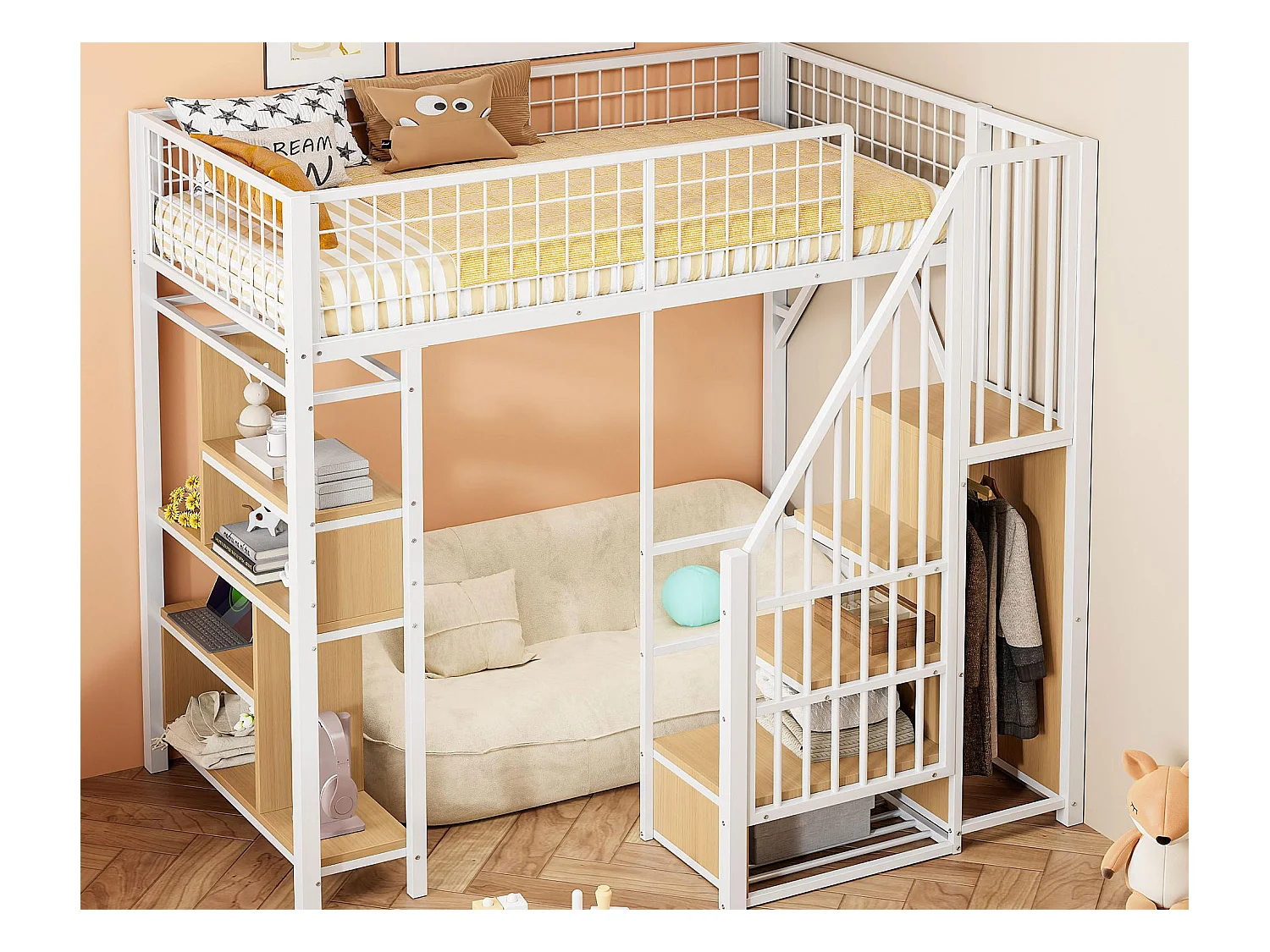 Lit mezzanine 90x200 cm - Lit en métal - avec rangements - avec escalier - avec barrières de sécurité - blanc (matelas non inclus)