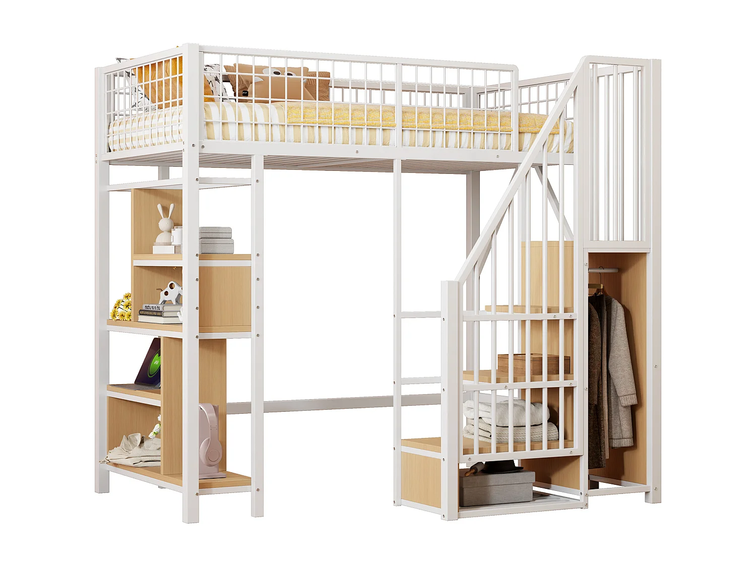 Hochbett 90x200 cm - Metallbett - mit Stauraum - mit Treppe - mit Sicherheitsgittern - Weiß (Matratze nicht im Lieferumfang enthalten)