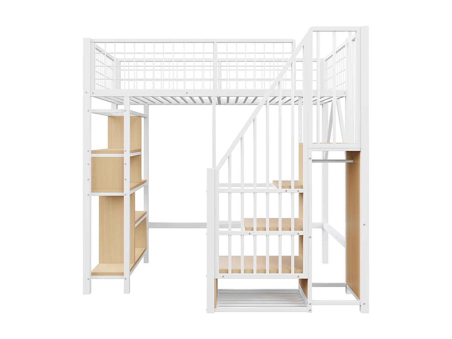 Hochbett 90x200 cm - Metallbett - mit Stauraum - mit Treppe - mit Sicherheitsgittern - Weiß (Matratze nicht im Lieferumfang enthalten)