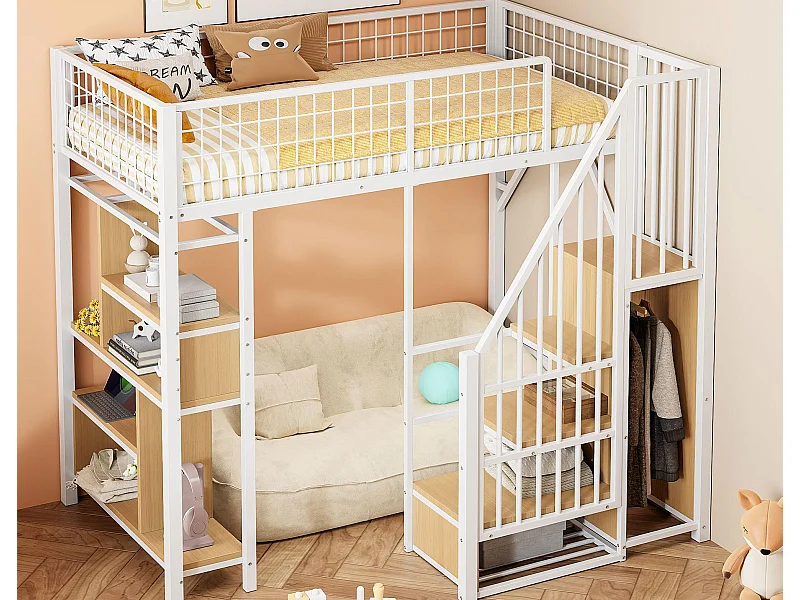 Lit mezzanine 90x200 cm - Lit en métal - avec rangements - avec escalier - avec barrières de sécurité - blanc (matelas non inclus)