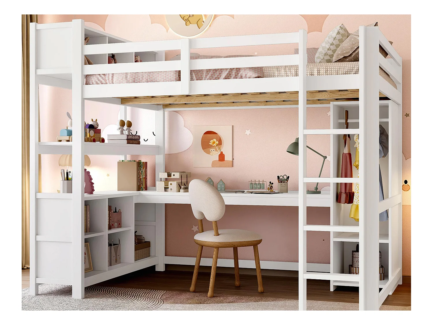 Lit mezzanine 140x200 cm - avec rangements - avec bureau et penderie  - blanc (matelas non inclus)