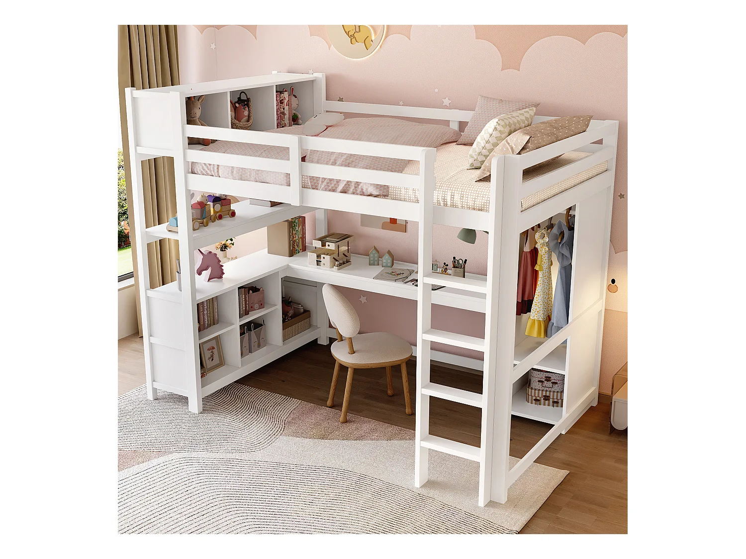 Lit mezzanine 140x200 cm - avec rangements - avec bureau et penderie  - blanc (matelas non inclus)