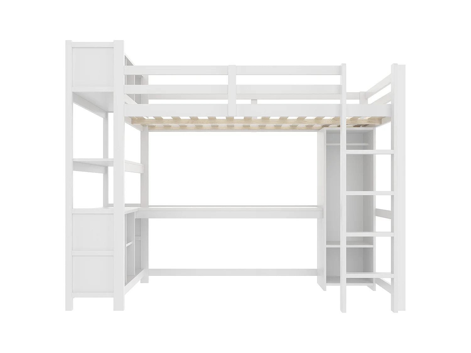 Lit mezzanine 140x200 cm - avec rangements - avec bureau et penderie  - blanc (matelas non inclus)