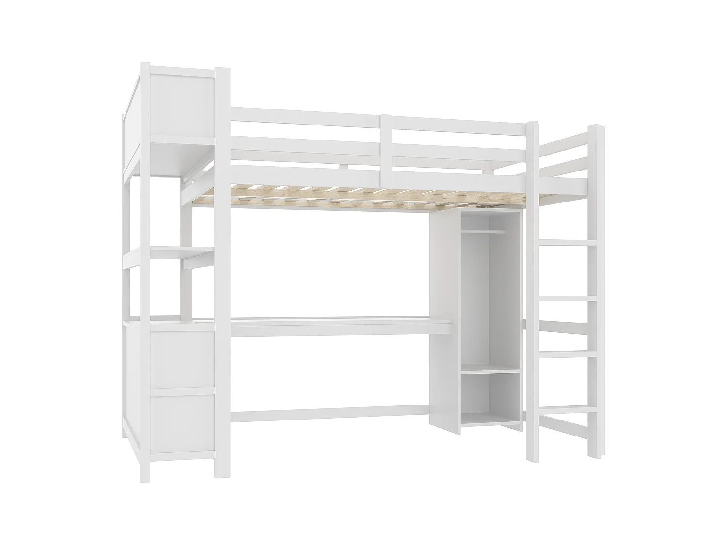 Lit mezzanine 140x200 cm - avec rangements - avec bureau et penderie  - blanc (matelas non inclus)