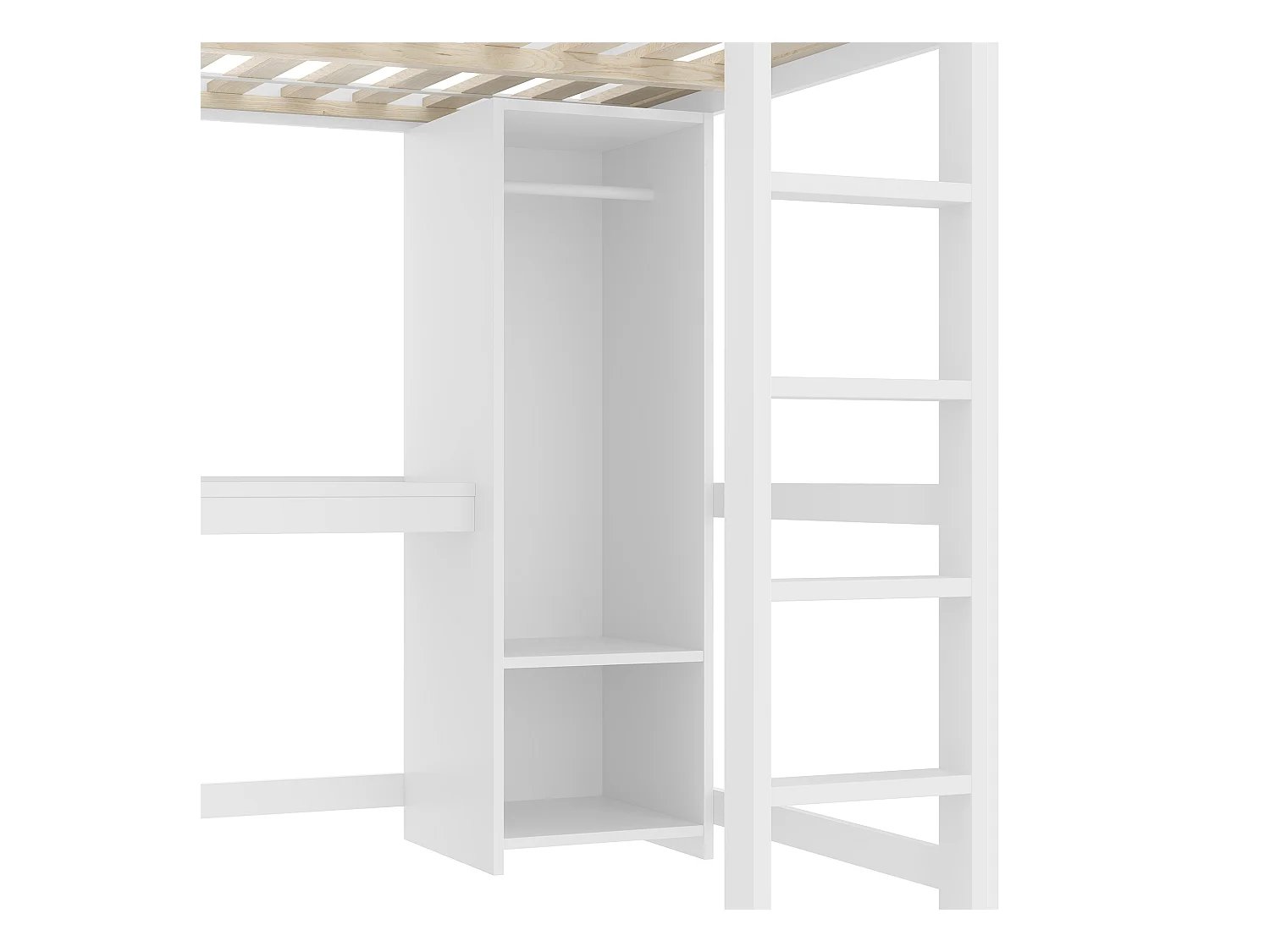 Lit mezzanine 140x200 cm - avec rangements - avec bureau et penderie  - blanc (matelas non inclus)