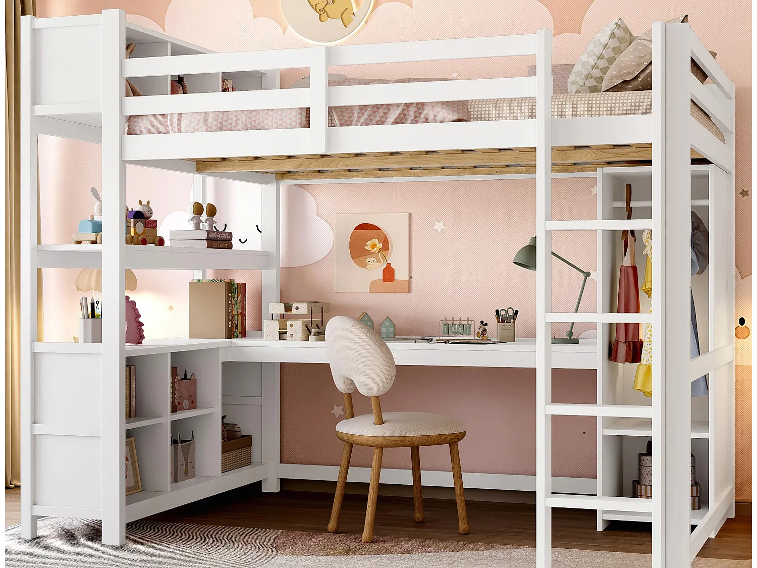 Lit mezzanine 140x200 cm - avec rangements - avec bureau et penderie  - blanc (matelas non inclus)