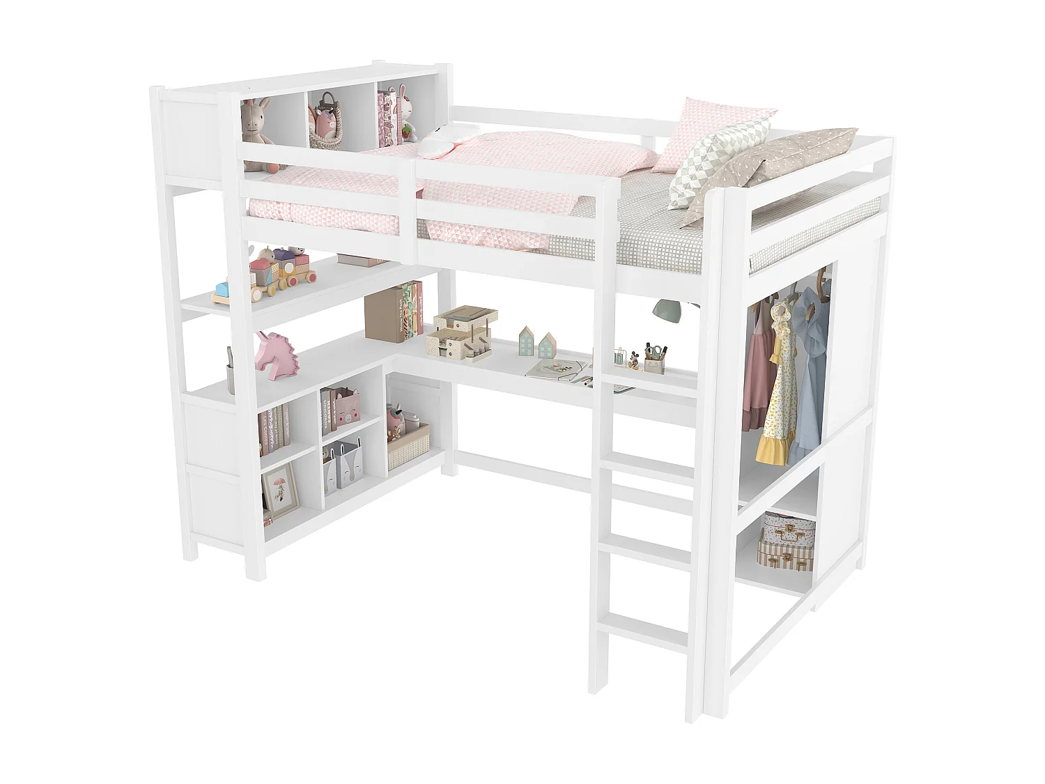Lit mezzanine 140x200 cm - avec rangements - avec bureau et penderie  - blanc (matelas non inclus)
