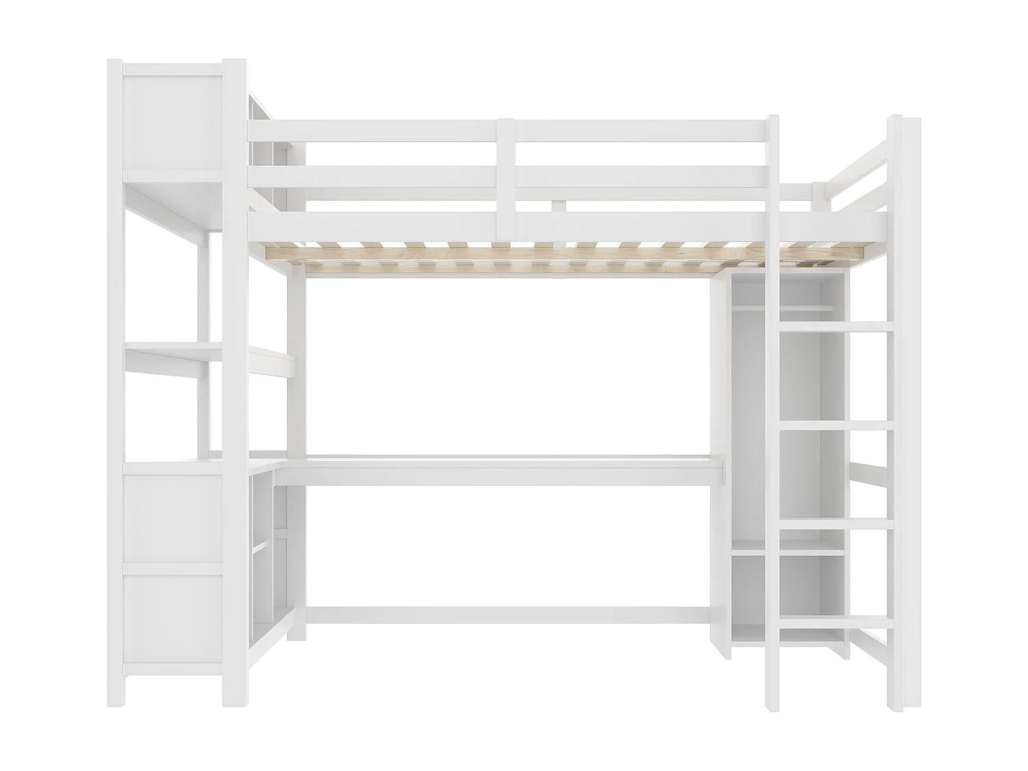 Lit mezzanine 140x200 cm - avec rangements - avec bureau et penderie  - blanc (matelas non inclus)