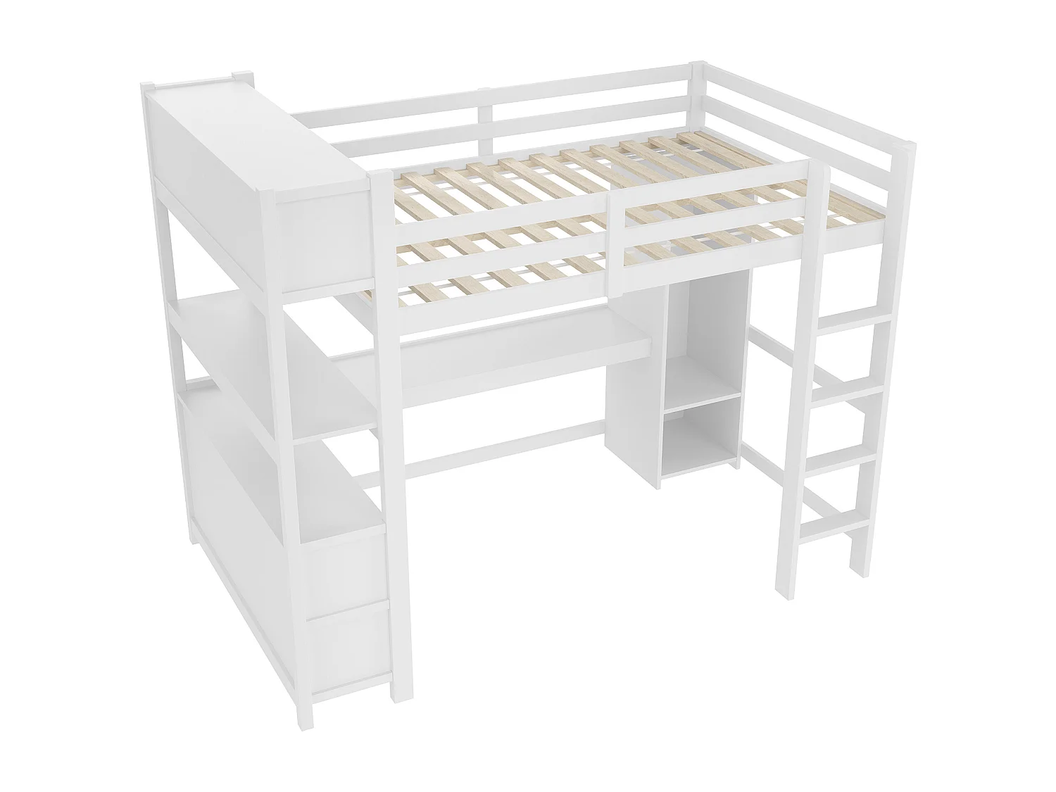 Lit mezzanine 140x200 cm - avec rangements - avec bureau et penderie  - blanc (matelas non inclus)