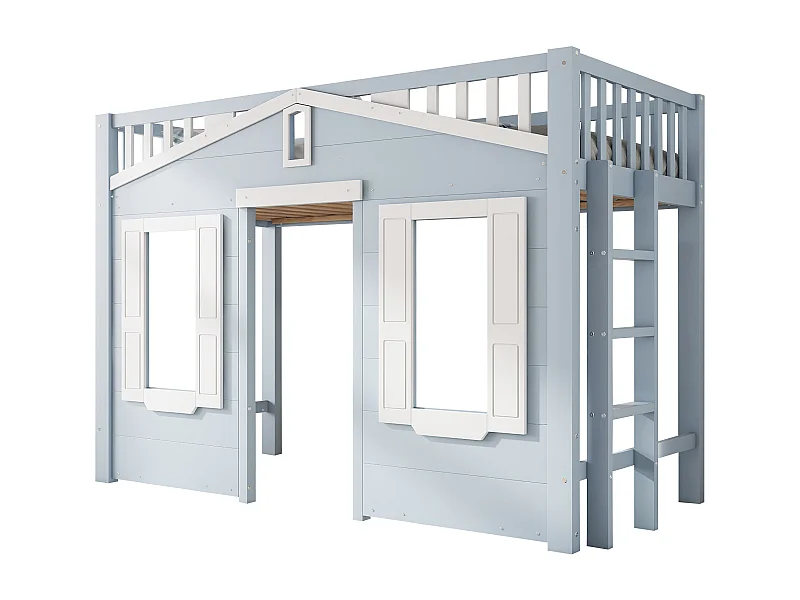 Hochbett 90x200cm - mit Leiter - Elegantes Fensterdesign - Massivholz + MDF - Blau (ohne Matratze)