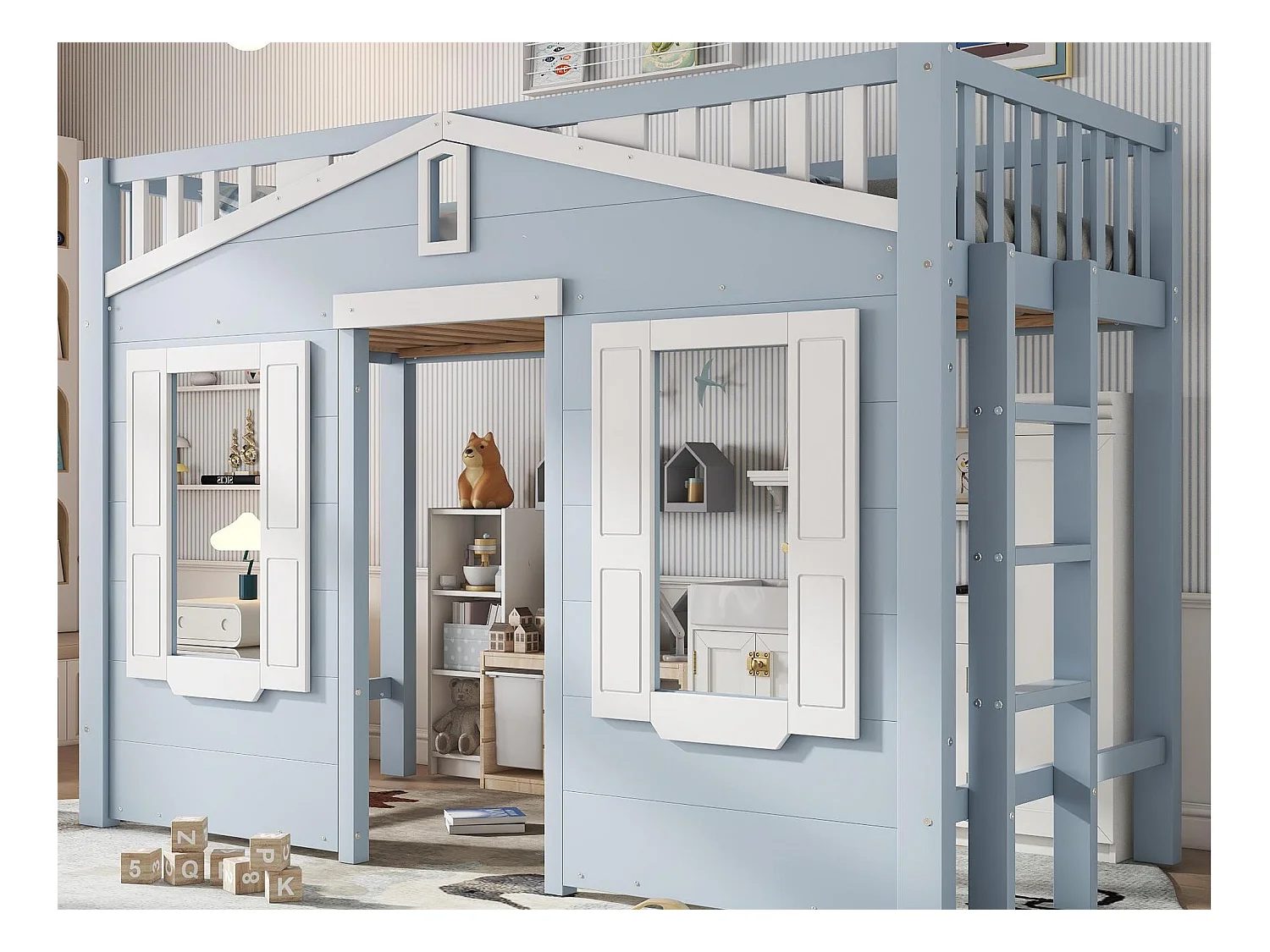 Hochbett 90x200cm - mit Leiter - Elegantes Fensterdesign - Massivholz + MDF - Blau (ohne Matratze)