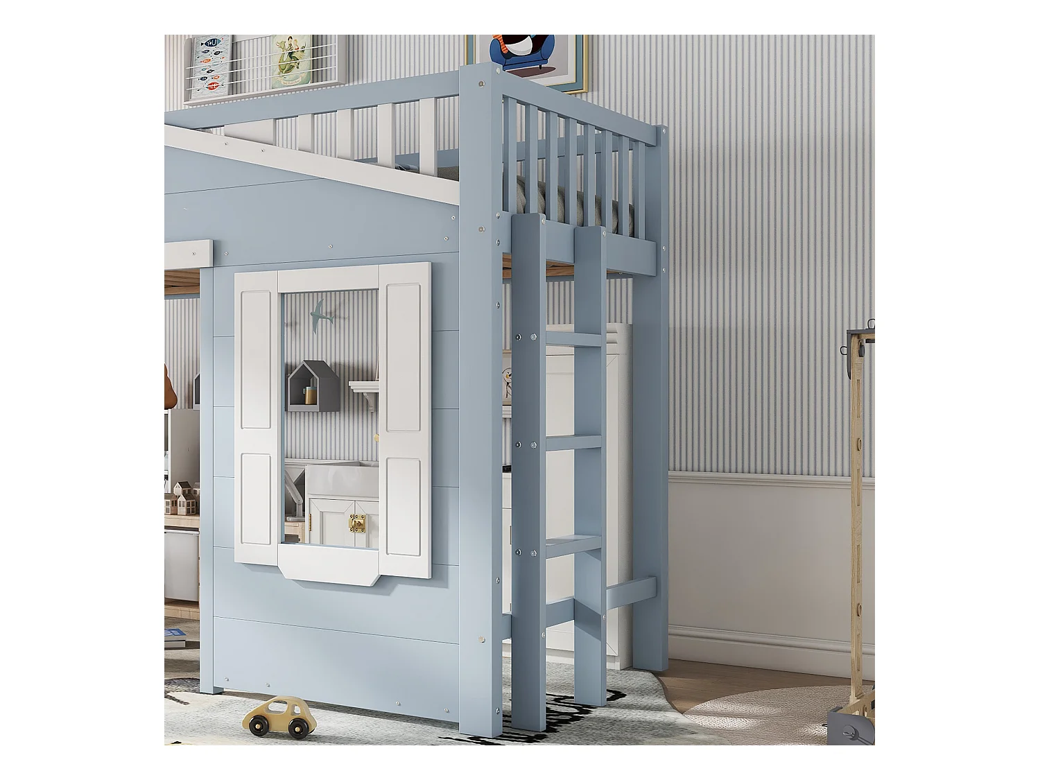 Hochbett 90x200cm - mit Leiter - Elegantes Fensterdesign - Massivholz + MDF - Blau (ohne Matratze)