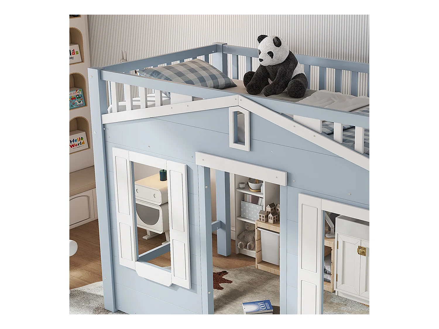 Hochbett 90x200cm - mit Leiter - Elegantes Fensterdesign - Massivholz + MDF - Blau (ohne Matratze)