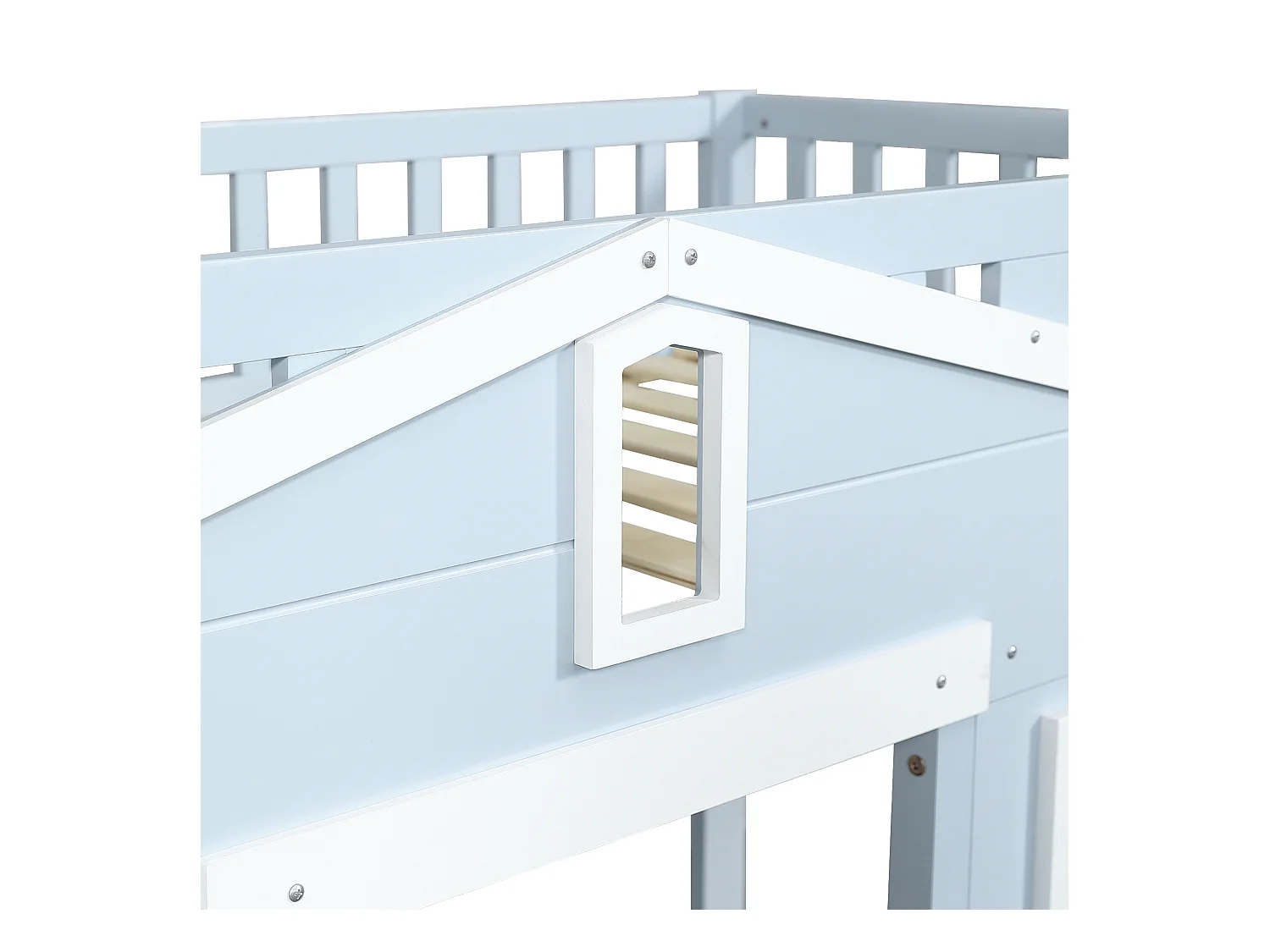 Hochbett 90x200cm - mit Leiter - Elegantes Fensterdesign - Massivholz + MDF - Blau (ohne Matratze)