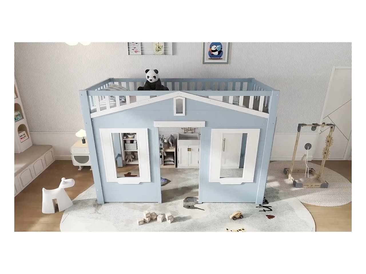 Hochbett 90x200cm - mit Leiter - Elegantes Fensterdesign - Massivholz + MDF - Blau (ohne Matratze)