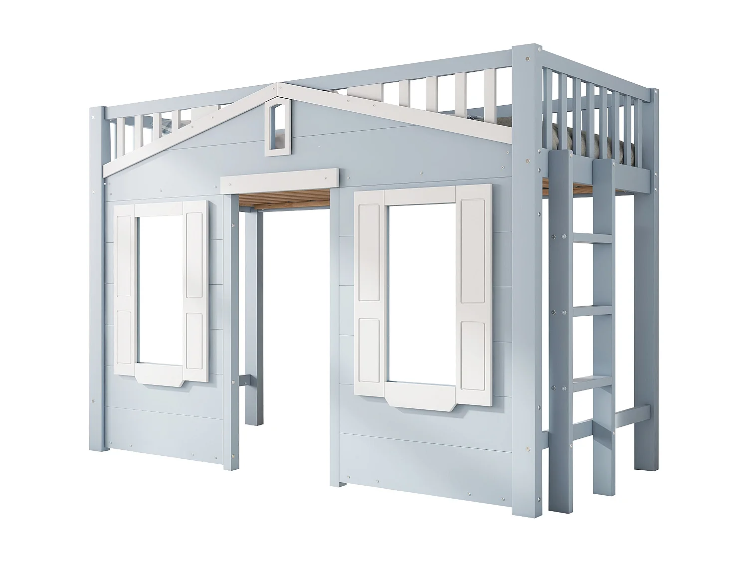 Lit mezzanine 90x200cm - avec échelle - Belle conception de fenêtre -  bois massif + MDF - Beu (sans matelas)