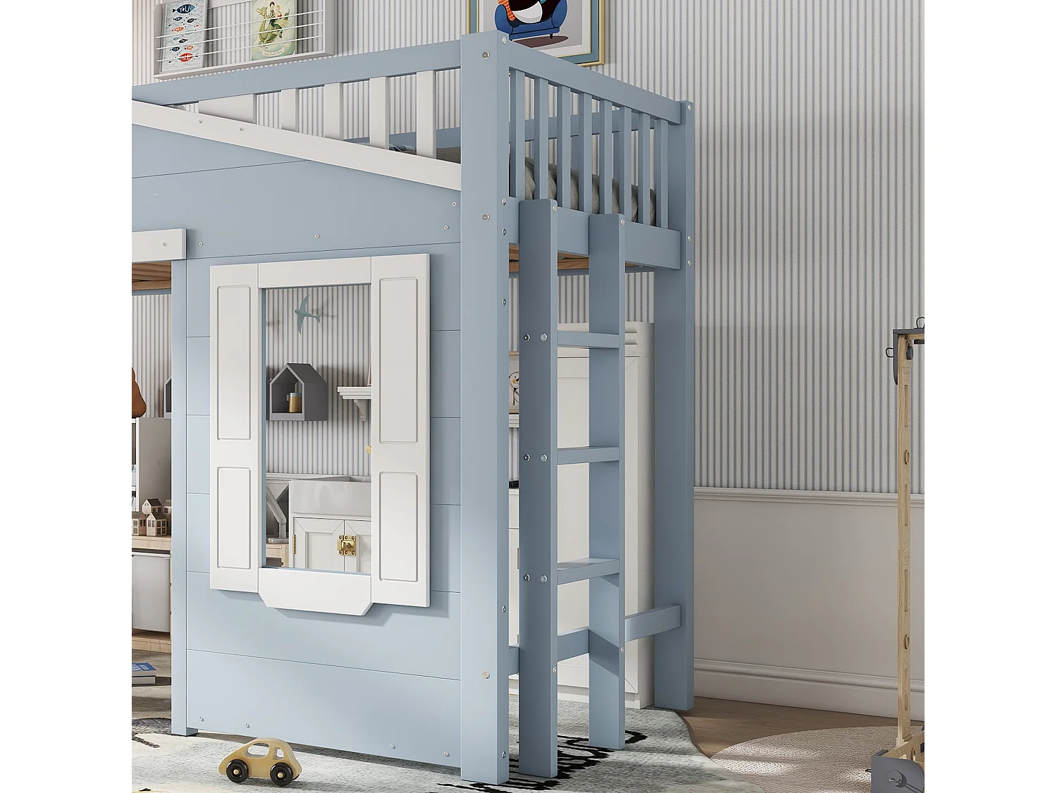 Lit mezzanine 90x200cm - avec échelle - Belle conception de fenêtre -  bois massif + MDF - Beu (sans matelas)