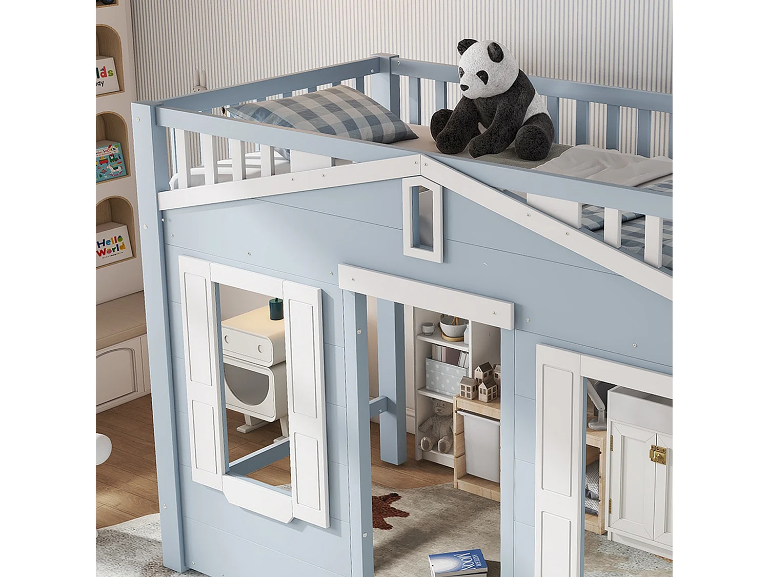 Lit mezzanine 90x200cm - avec échelle - Belle conception de fenêtre -  bois massif + MDF - Beu (sans matelas)