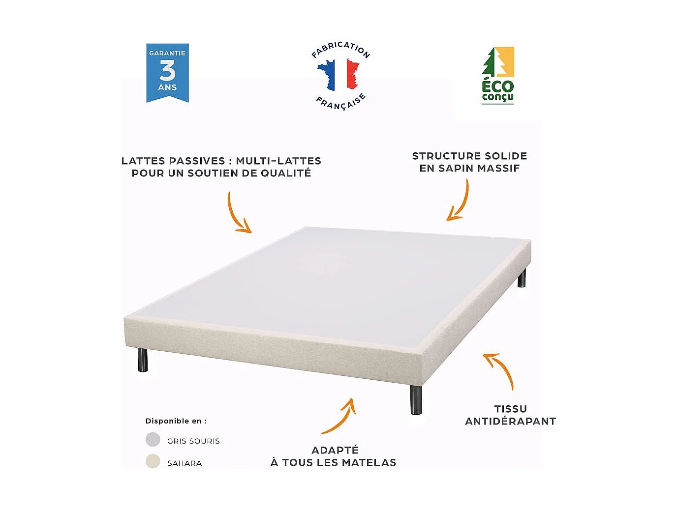 Sommier tapissier + pieds SR15 Sahara 2x90x200 Lattes bois massif - H.15 cm