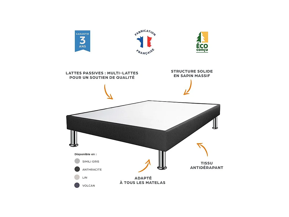 Sommier tapissier + pieds 80x200 SP18 13 lattes anthracite