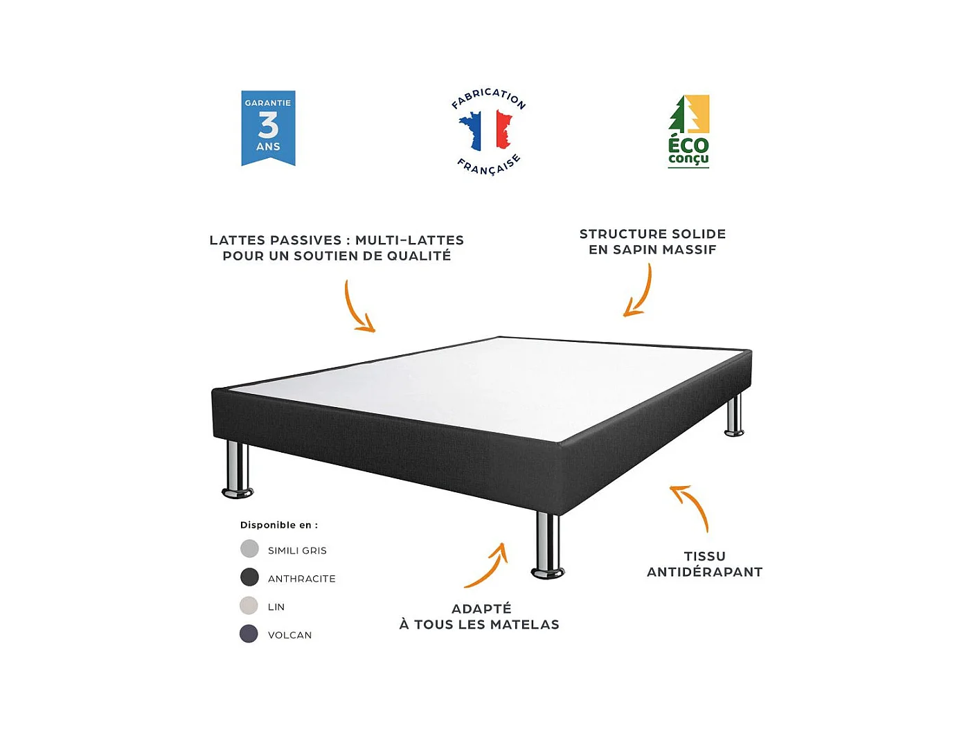 Sommier tapissier + pieds SP18 Volcan 80x200 Lattes bois massif - H.18 cm