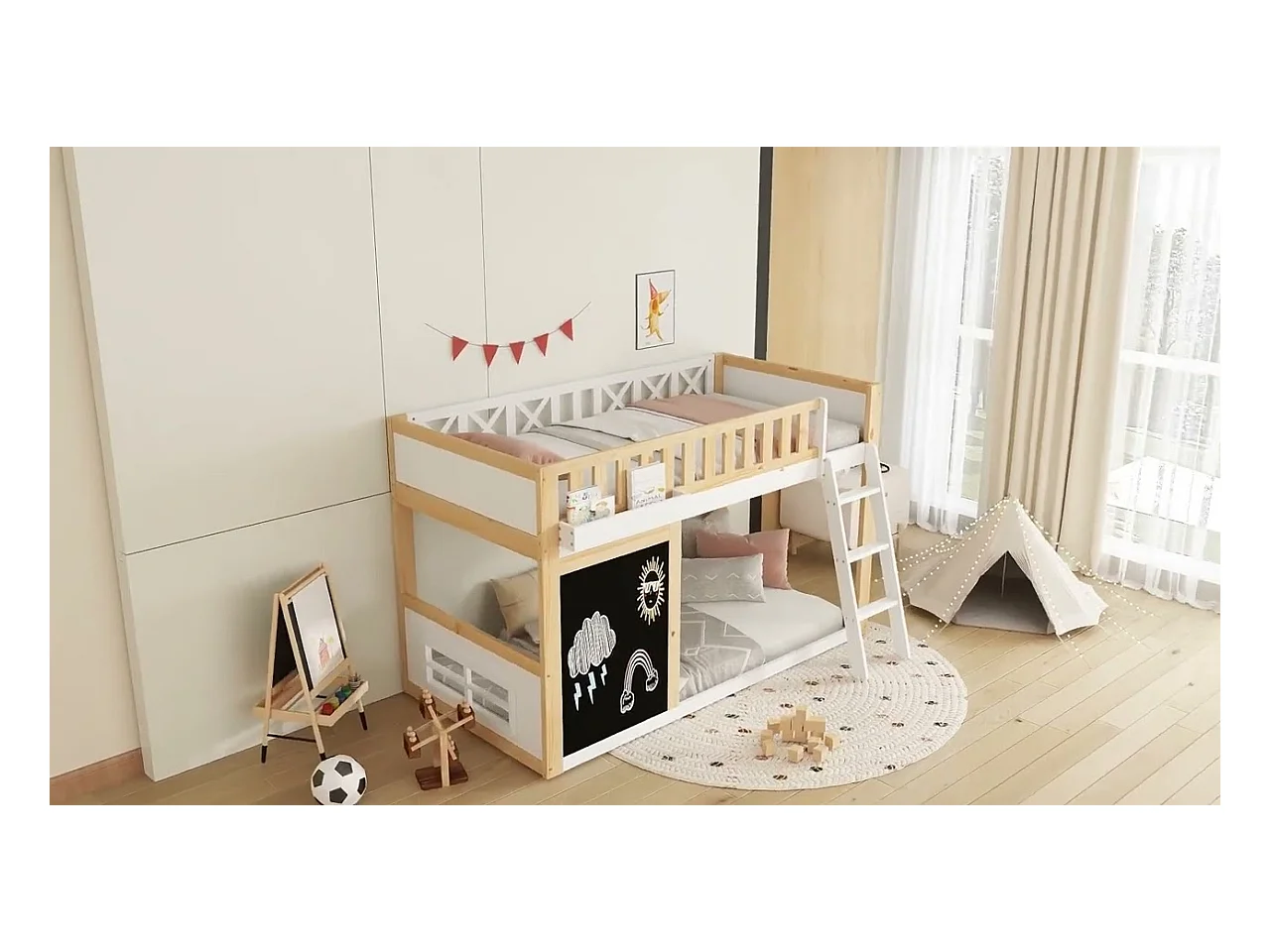 Lit mezzanine 90x200cm - avec échelle et tableau noir - avec garde-corps de sécurité -  bois massif + MDF - Blanc + Naturel (sans matelas)