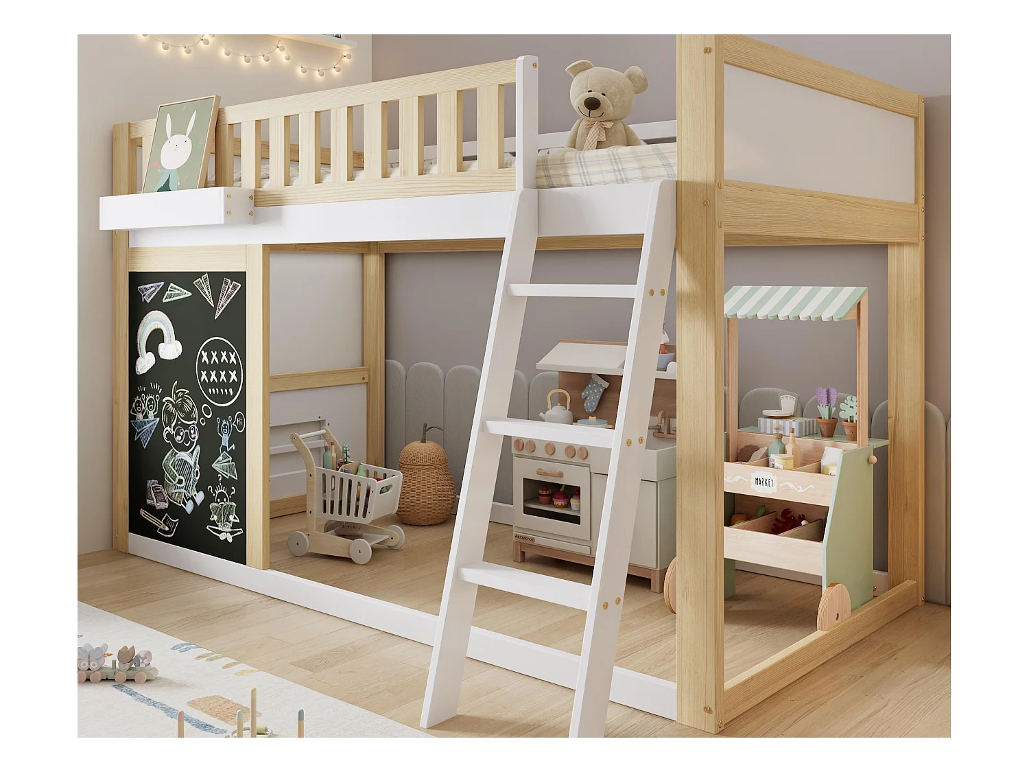 Cama alta 90x200cm - com escada e lousa - com corrimão de segurança - madeira maciça + MDF - Branco + Natural (sem colchão)