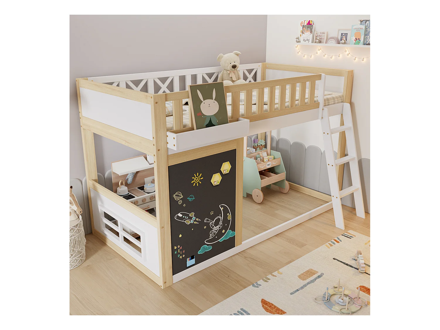 Cama alta 90x200cm - com escada e lousa - com corrimão de segurança - madeira maciça + MDF - Branco + Natural (sem colchão)