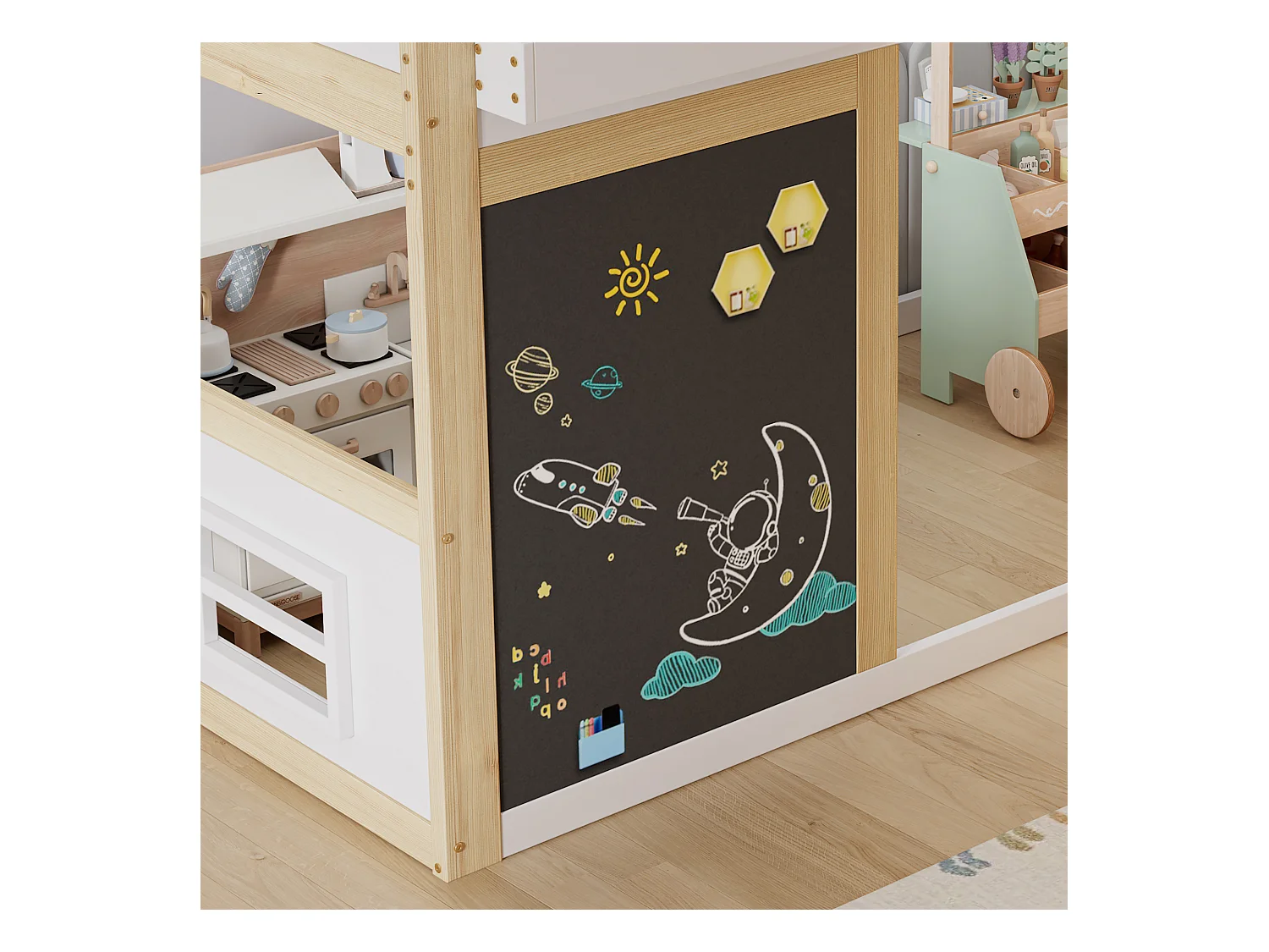 Cama alta 90x200cm - com escada e lousa - com corrimão de segurança - madeira maciça + MDF - Branco + Natural (sem colchão)