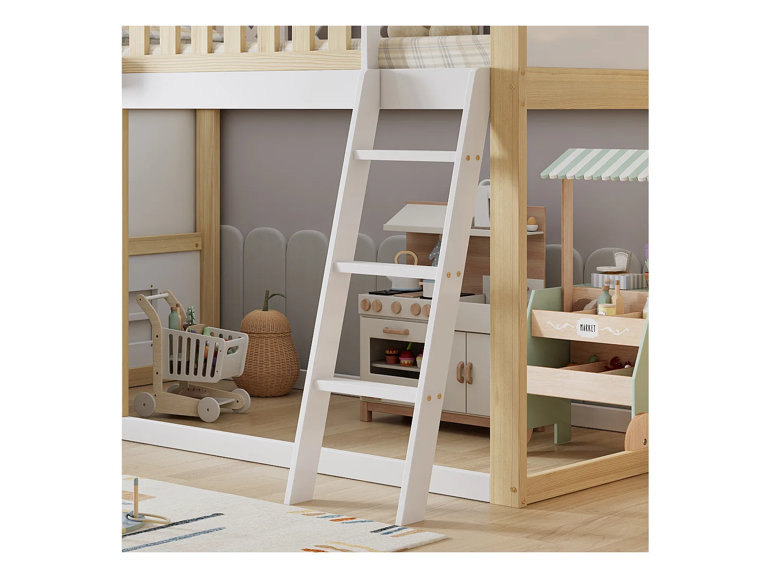 Cama alta 90x200cm - com escada e lousa - com corrimão de segurança - madeira maciça + MDF - Branco + Natural (sem colchão)